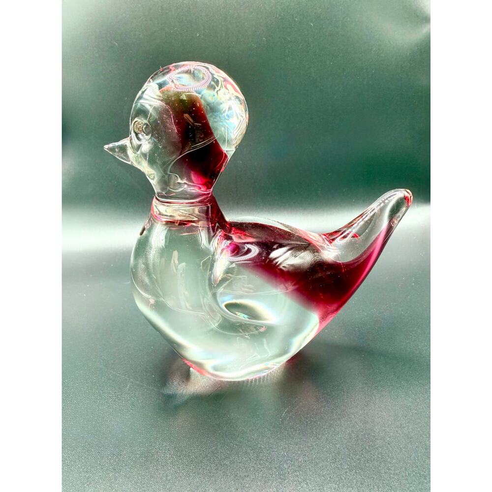 Handblown Art Glass Duck Paperweight – Cranberry & Clear – 6” – 2.5 lbs